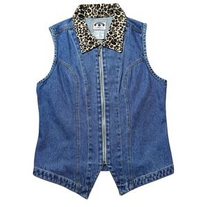 Vtg Solutions Blues Denim Leopard Print Collar  Zip Up Vest Size‎ Small Y2k